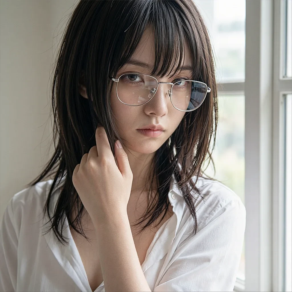 Woman with layered dark hair and wire-frame glasses in a white shirt, hand near chin, by a bright window