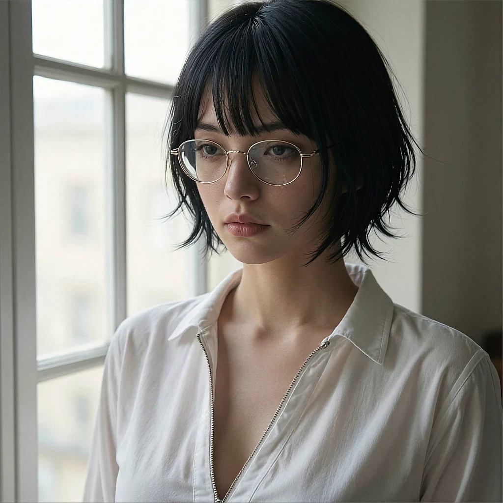 Short black bob with bangs, round gold glasses and white zip-front shirt, standing beside a tall window