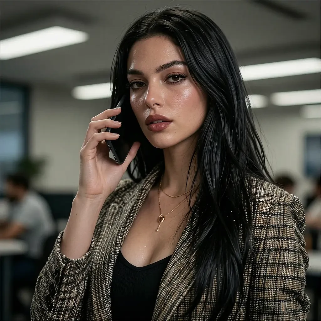 Long black hair, tweed blazer over a black top, gold pendant necklace, talking on a phone in an office