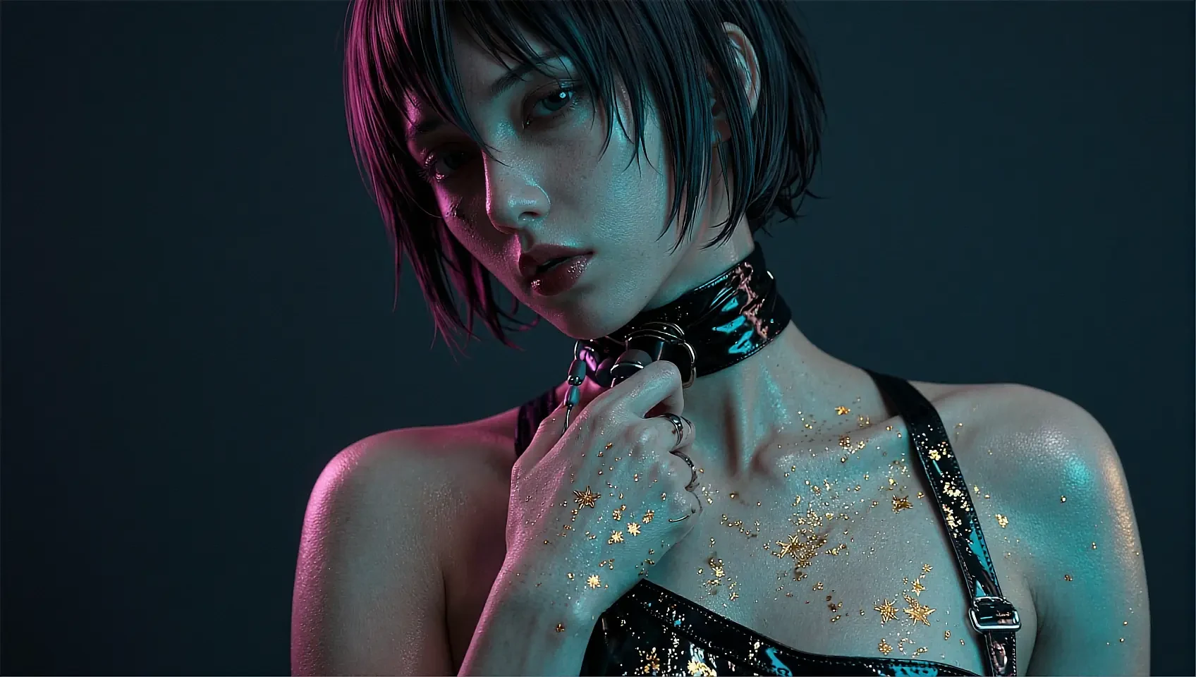 Short dark bob, vinyl choker and harness top with gold star glitter on skin, teal-and-pink studio lighting