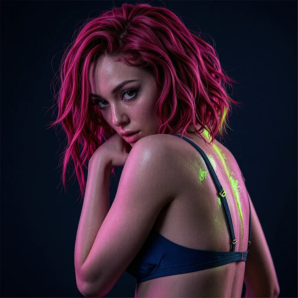 Hot pink wavy bob, navy crop top with neon paint on shoulder, looking back over her shoulder, dark background