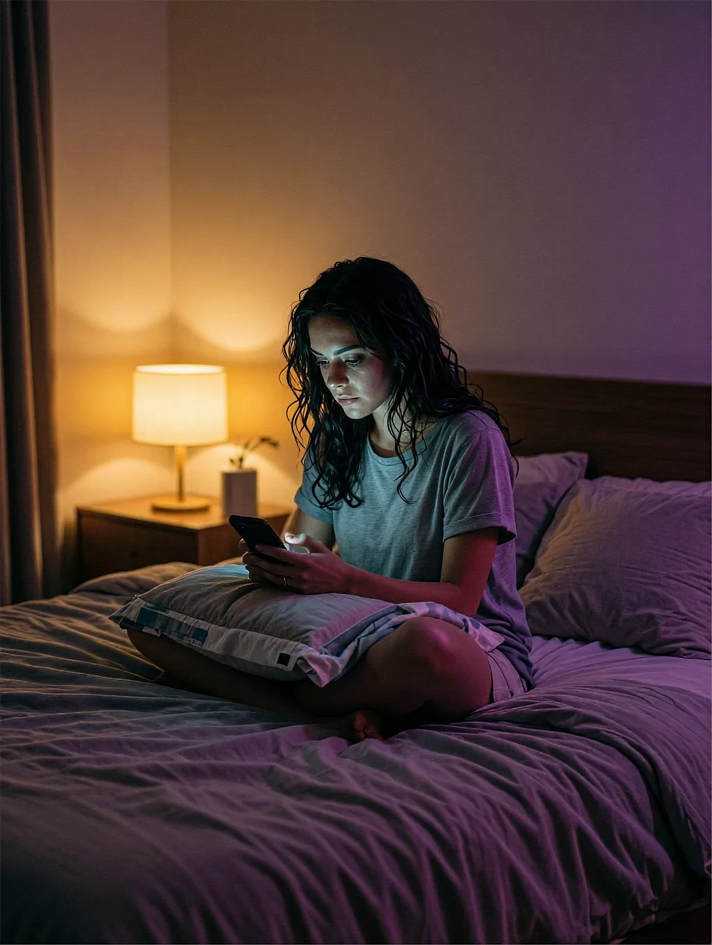 Curly dark hair, grey t-shirt, sitting cross-legged on a bed at night, face lit by a phone screen